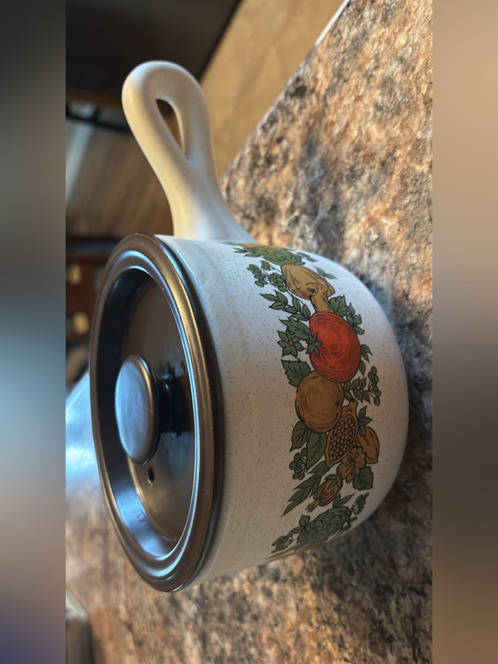 Ceramic Fruit Pattern Covered Saucepan - Brown Lid, White Body, 1970s vintage